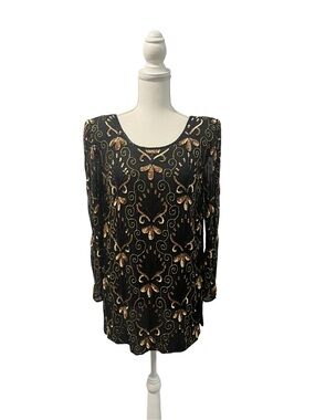 Stenay Vintage 80s Beaded Sequined Blouse 100% Silk Chiffon Sleeves S Party